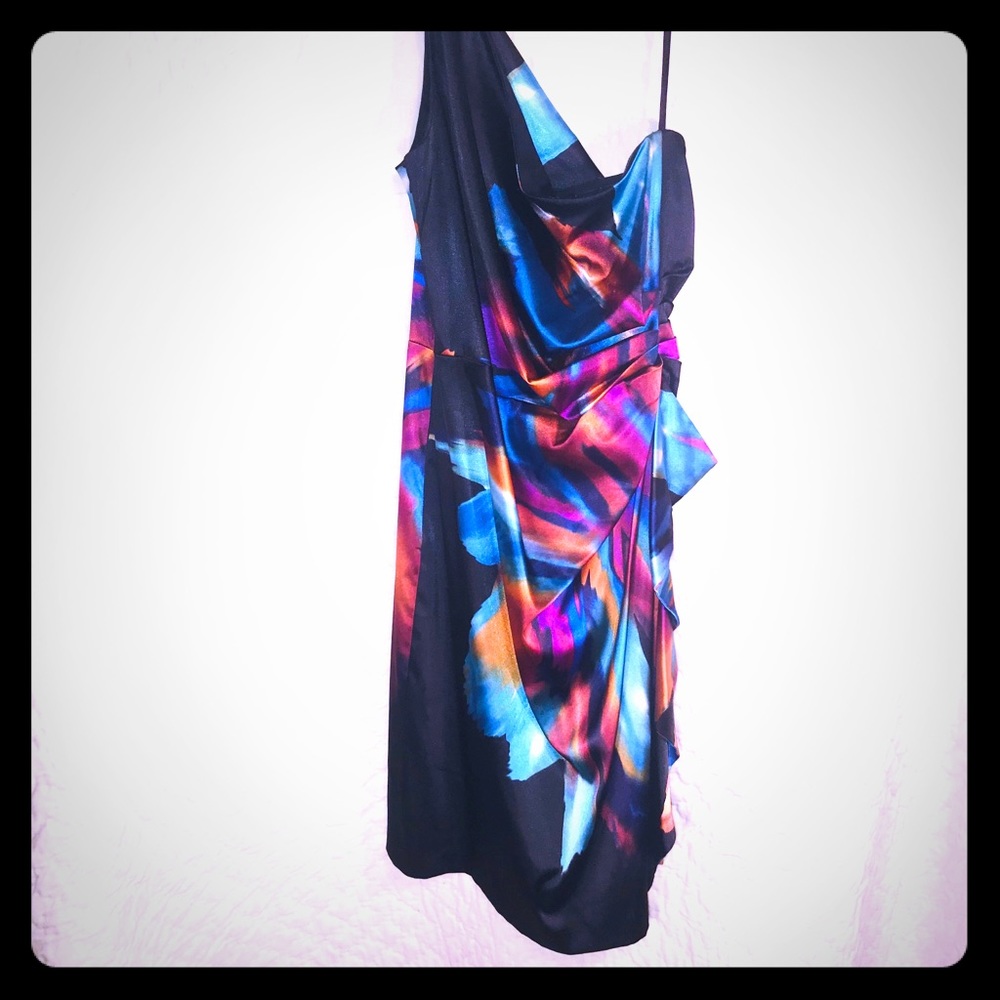 Vibrant/multicolored one shoulder cocktail dress.